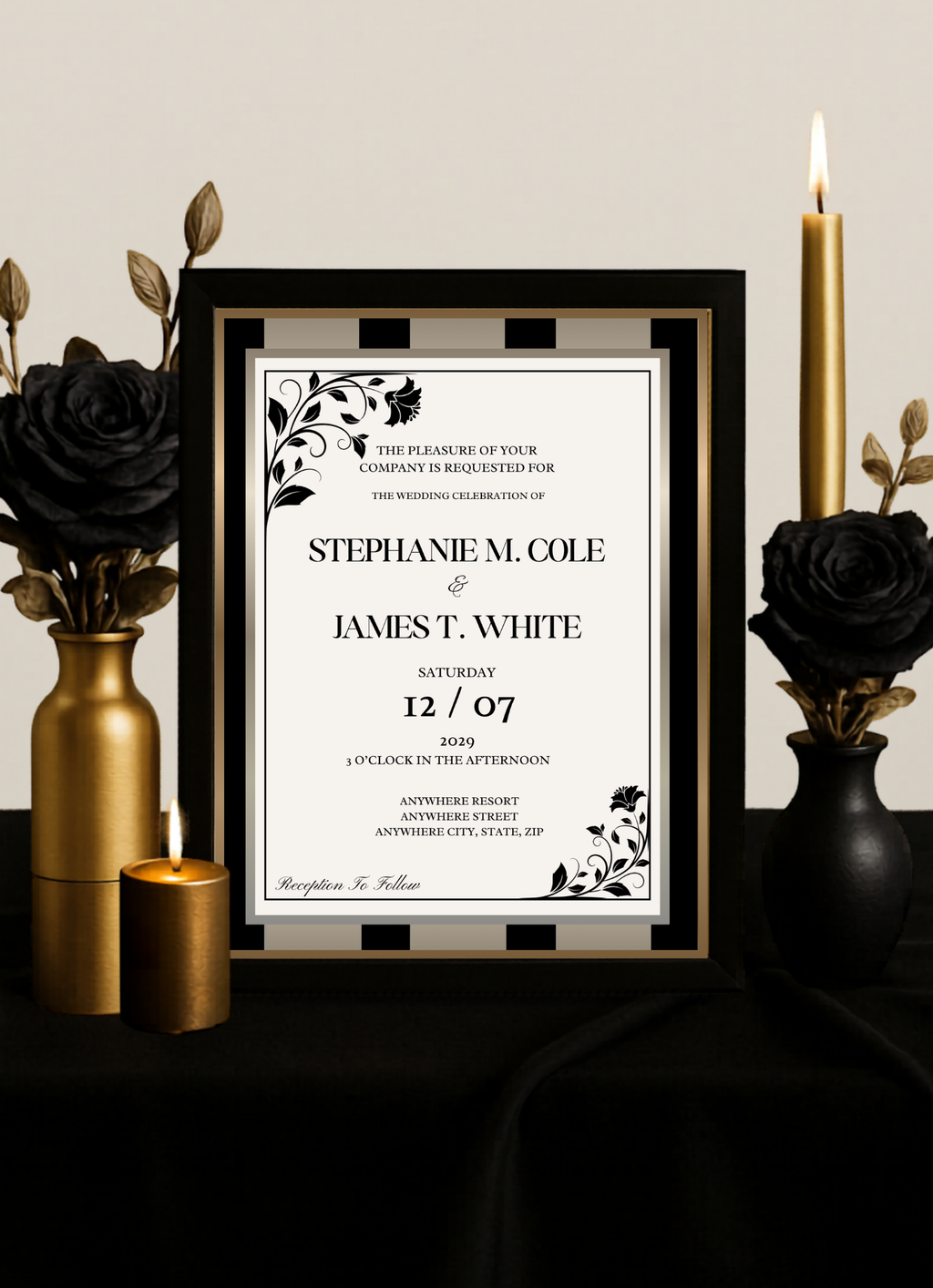 Black w/Gold Stripes Wedding Invitation Suite