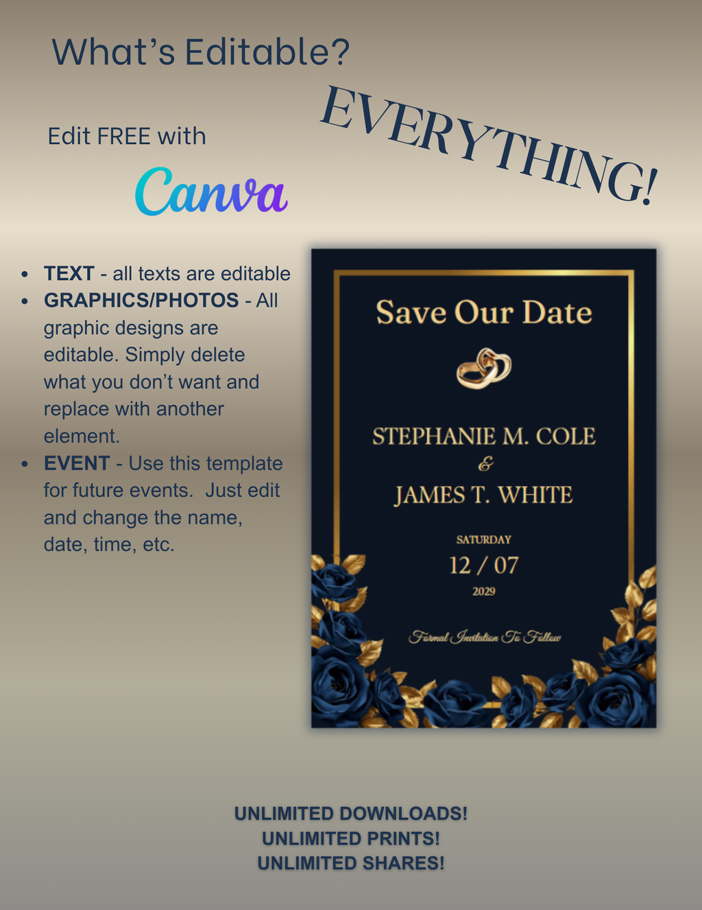 Midnight Sapphire & Gold Rose Wedding Invitation Suite