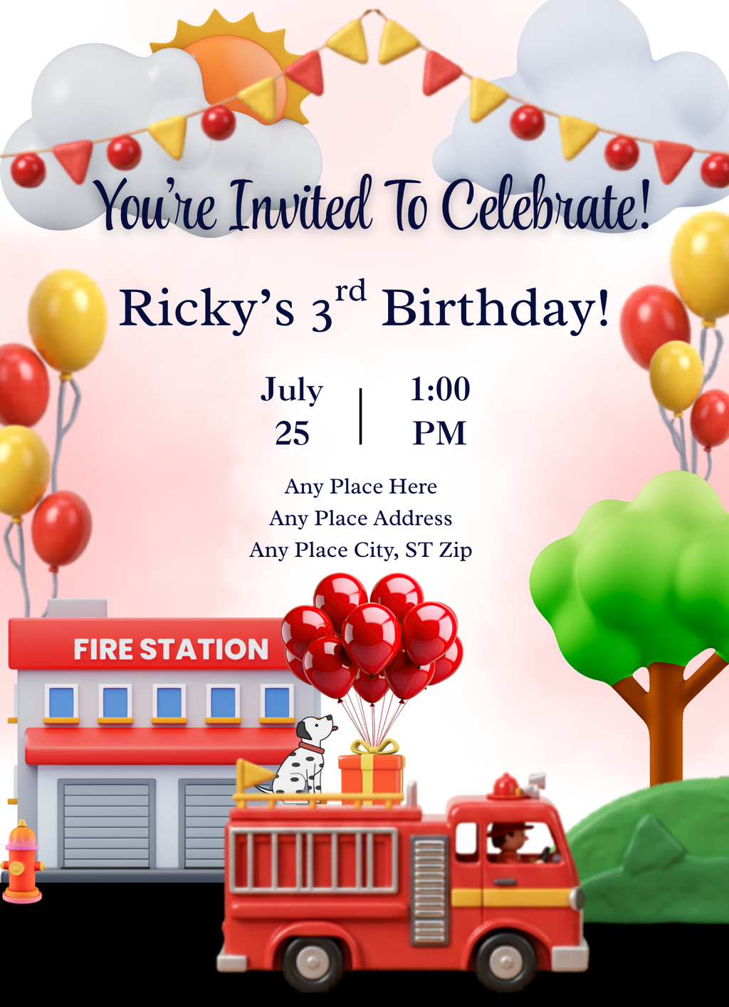 Birthday Invitation - Fire Truck Theme