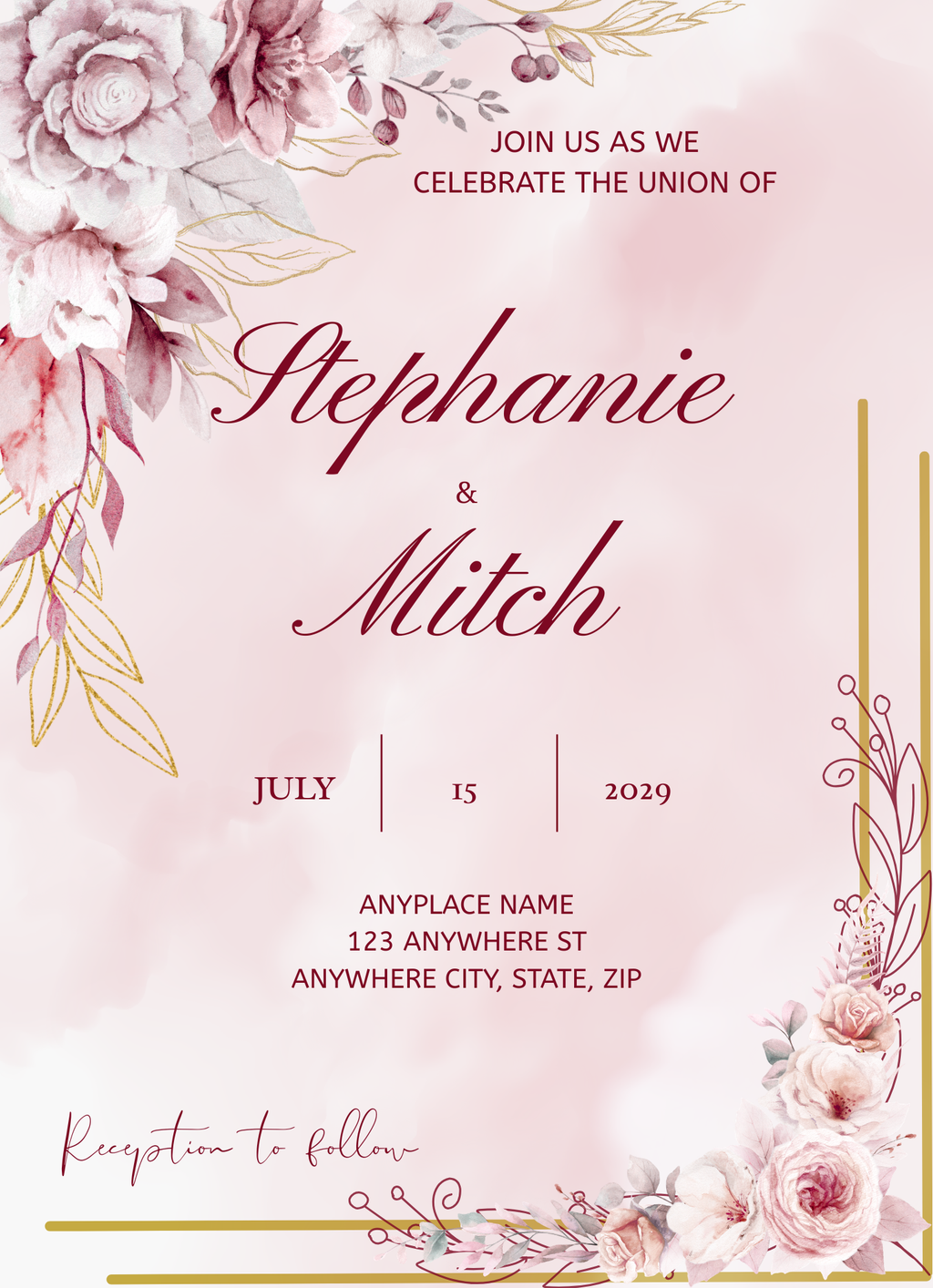 Wedding Invitation - Burgundy & Dusty Rose