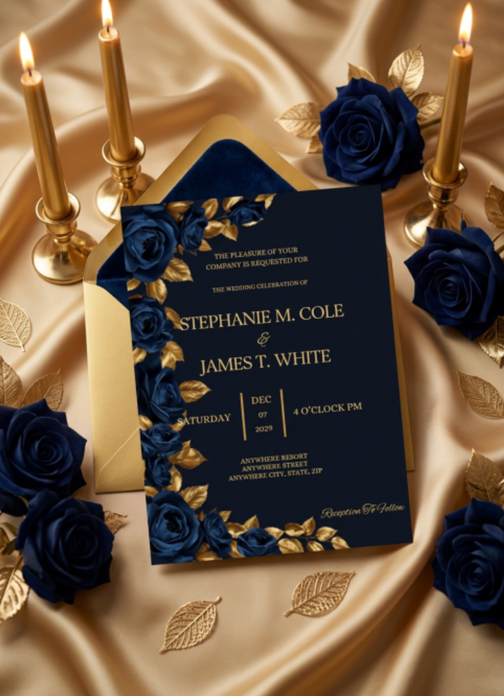 Midnight Sapphire & Gold Rose Wedding Invitation Suite