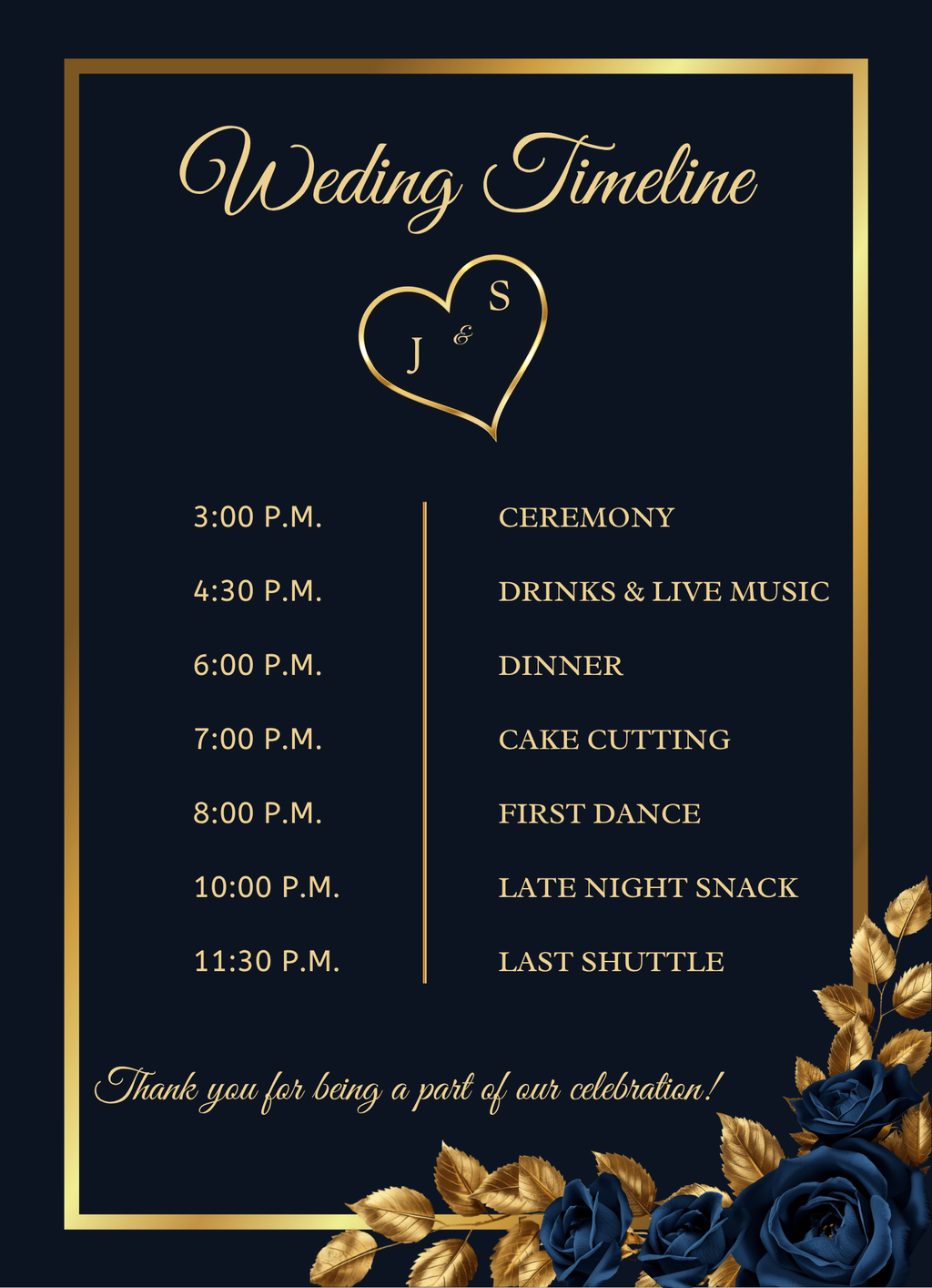 Midnight Sapphire & Gold Rose Wedding Invitation Suite