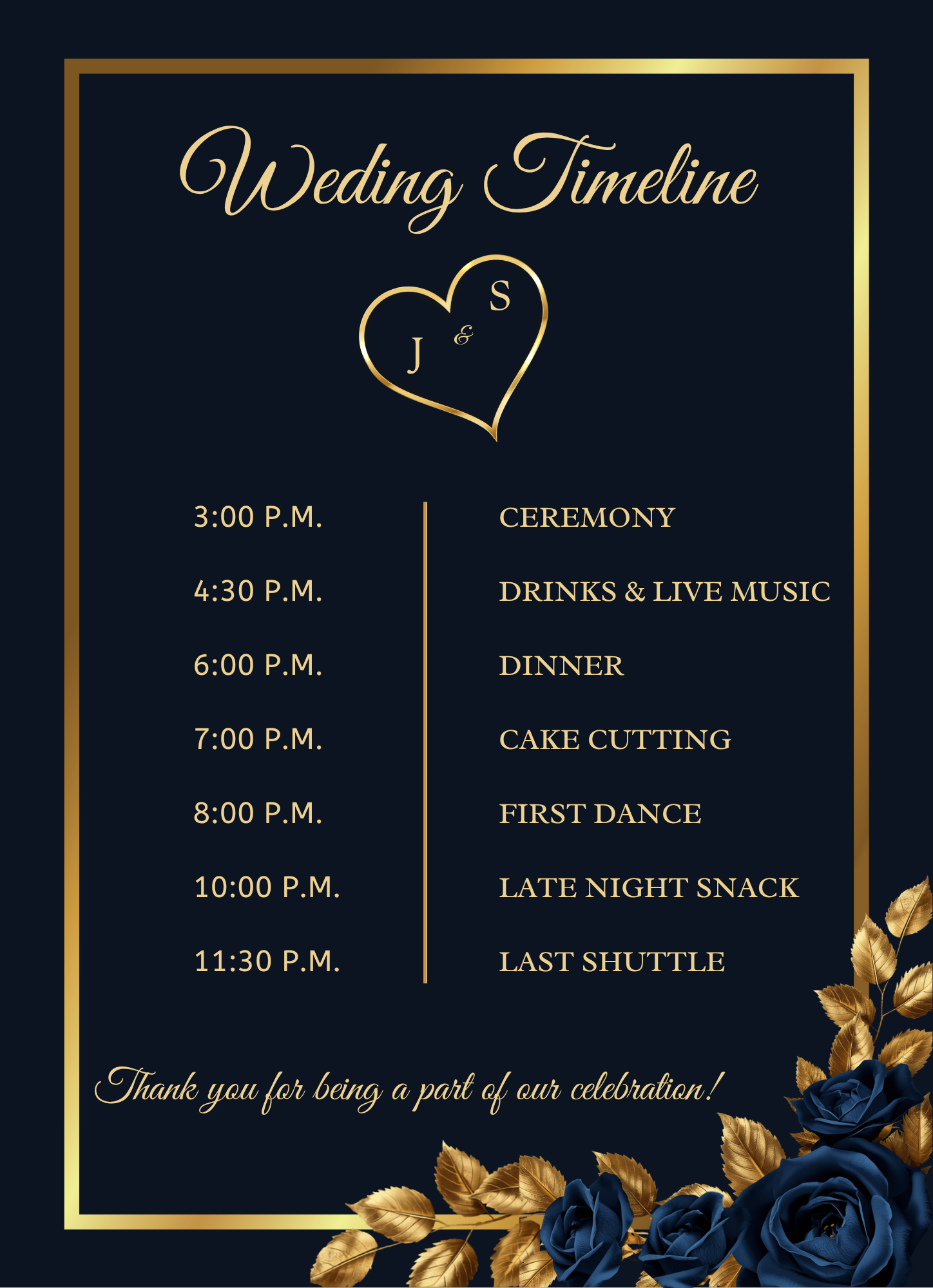 Midnight Sapphire & Gold Rose Wedding Invitation Suite