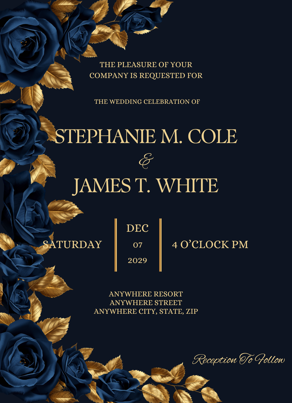 Midnight Sapphire & Gold Rose Wedding Invitation Suite