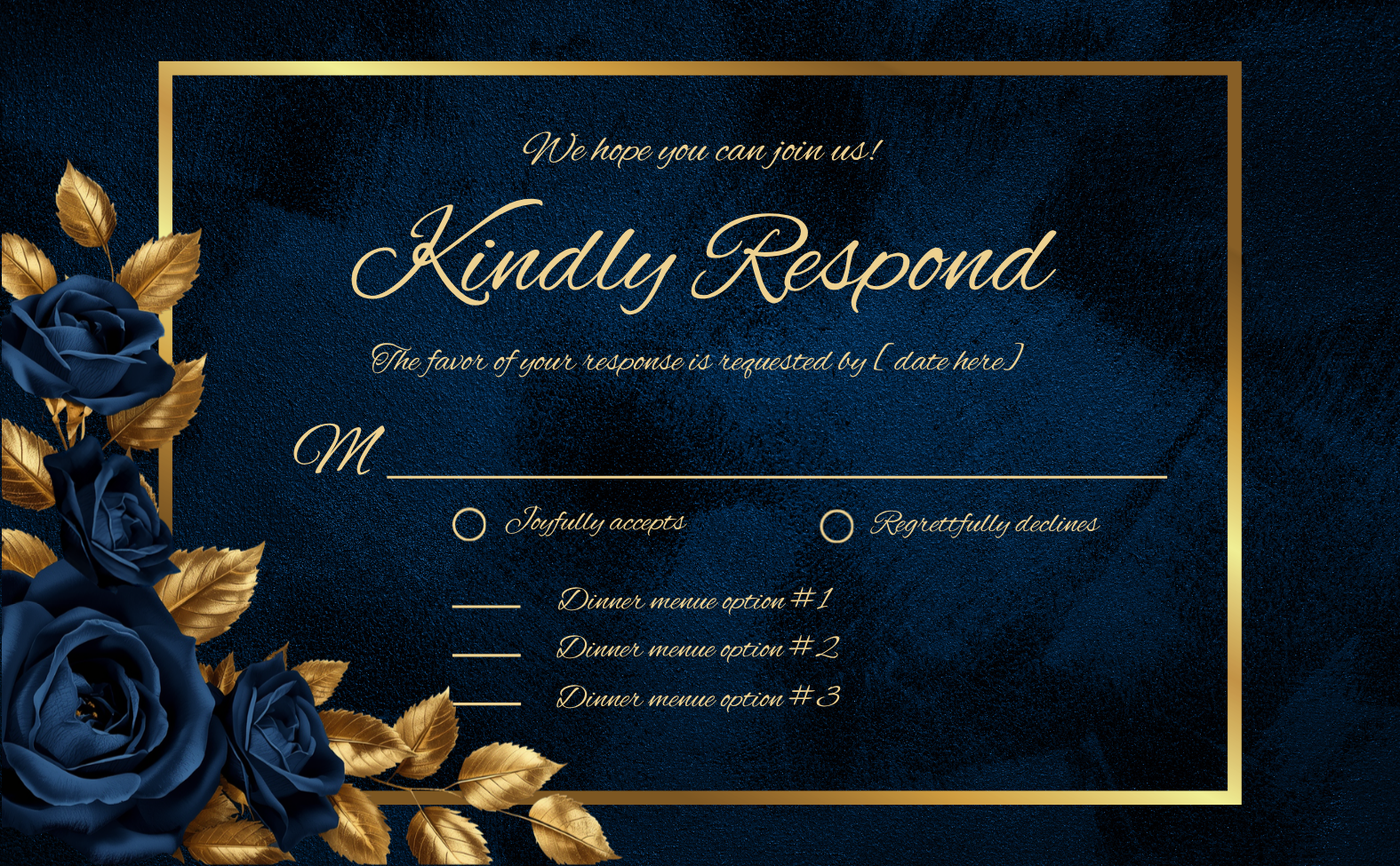 Midnight Sapphire & Gold Rose Wedding Invitation Suite