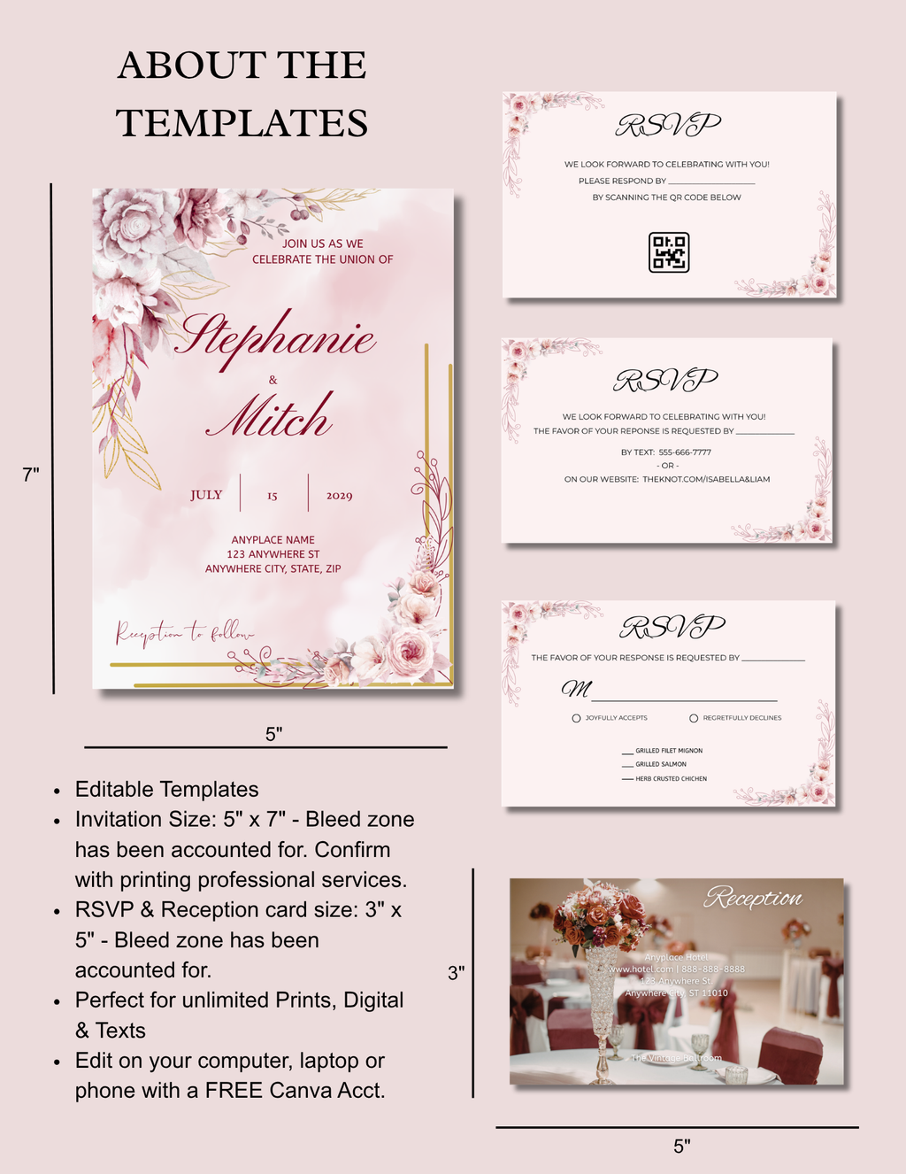 Wedding Invitation - Burgundy & Dusty Rose