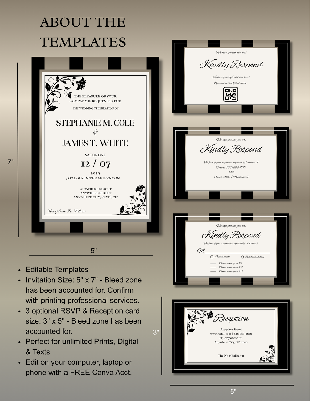 Black w/Gold Stripes Wedding Invitation Suite