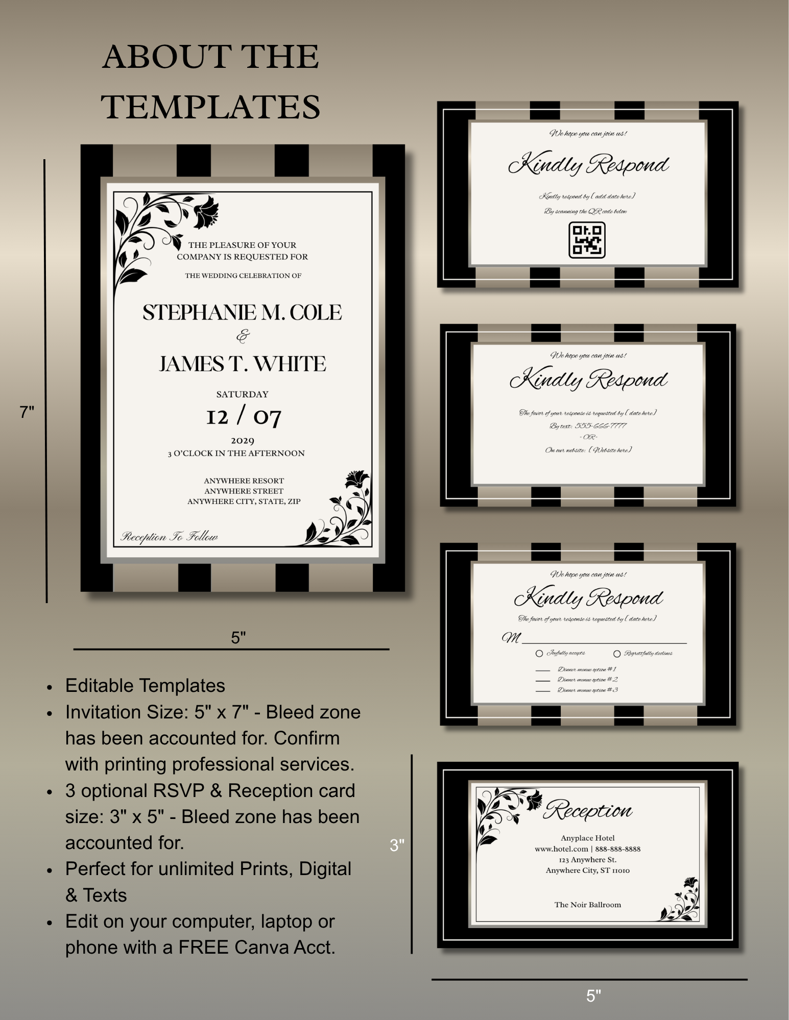 Black w/Gold Stripes Wedding Invitation Suite
