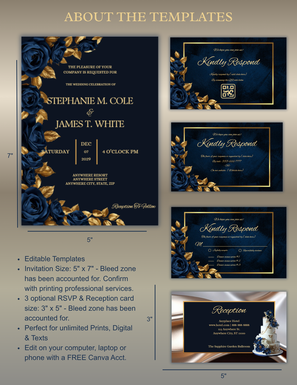 Midnight Sapphire & Gold Rose Wedding Invitation Suite