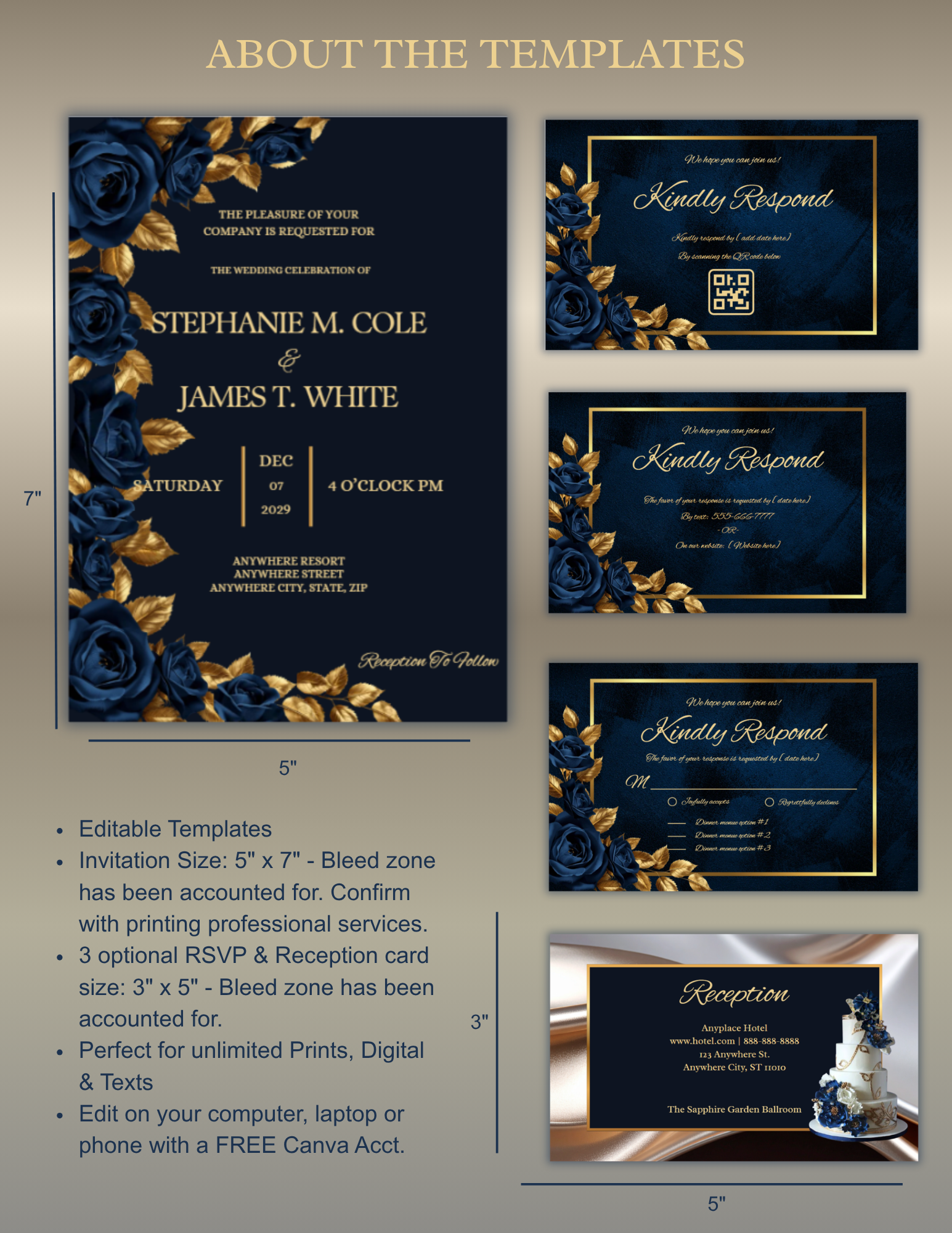 Midnight Sapphire & Gold Rose Wedding Invitation Suite
