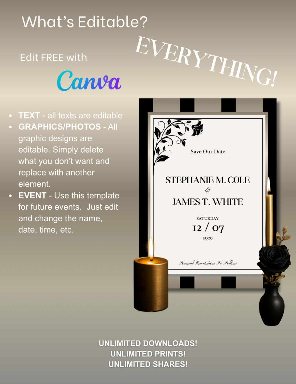Black w/Gold Stripes Wedding Invitation Suite