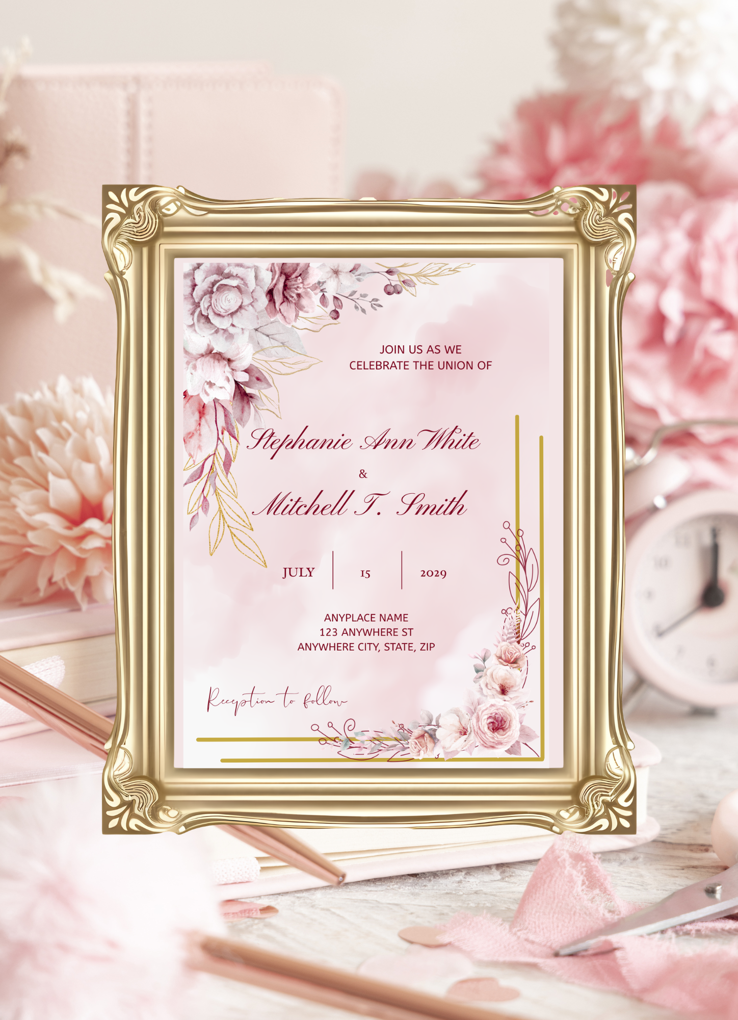 Wedding Invitation - Burgundy & Dusty Rose